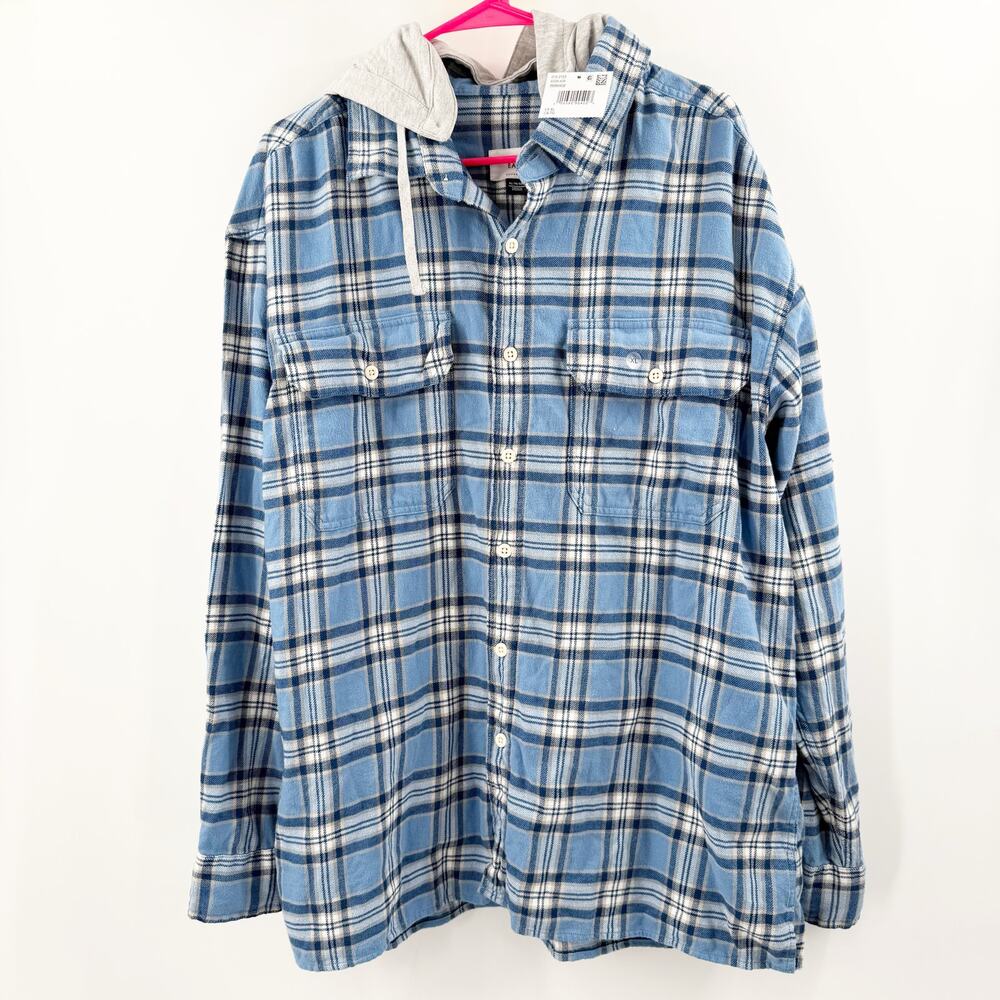 American Eagle Flannel Men's Size XL Super Soft NWT Blue Plaid Detachable Hoodie